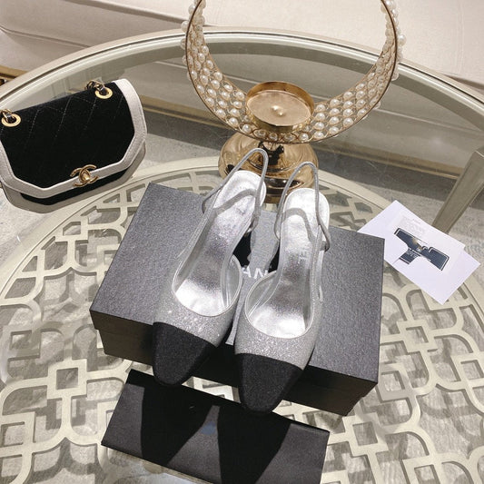 slingback 6.5 glitter silver black grosgrain