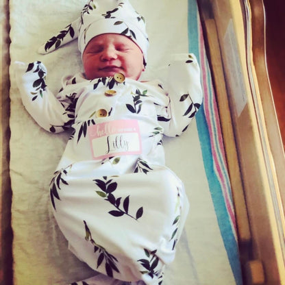 Olive Leaf Newborn Baby Knot Gown & Hat Set