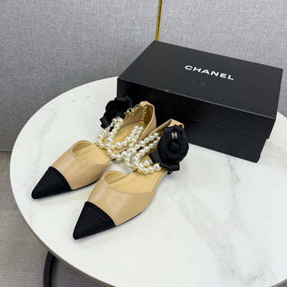 CC 25K New Pearl Chain Slingback Black Beige Sheepskin Fabric 541066