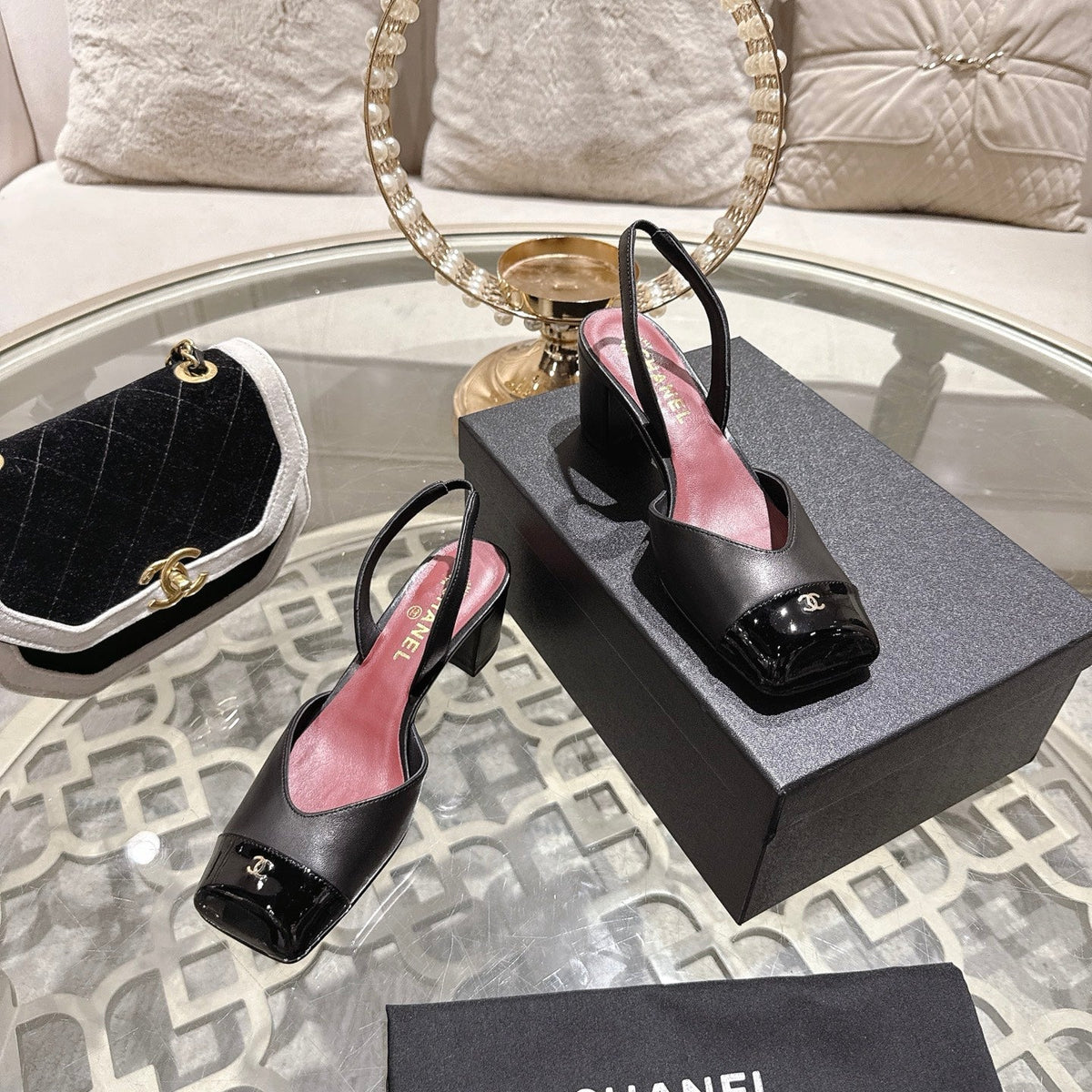 CC 26s Square-Toe High-Heeled Slingbacks 6cm Black Leather 736099