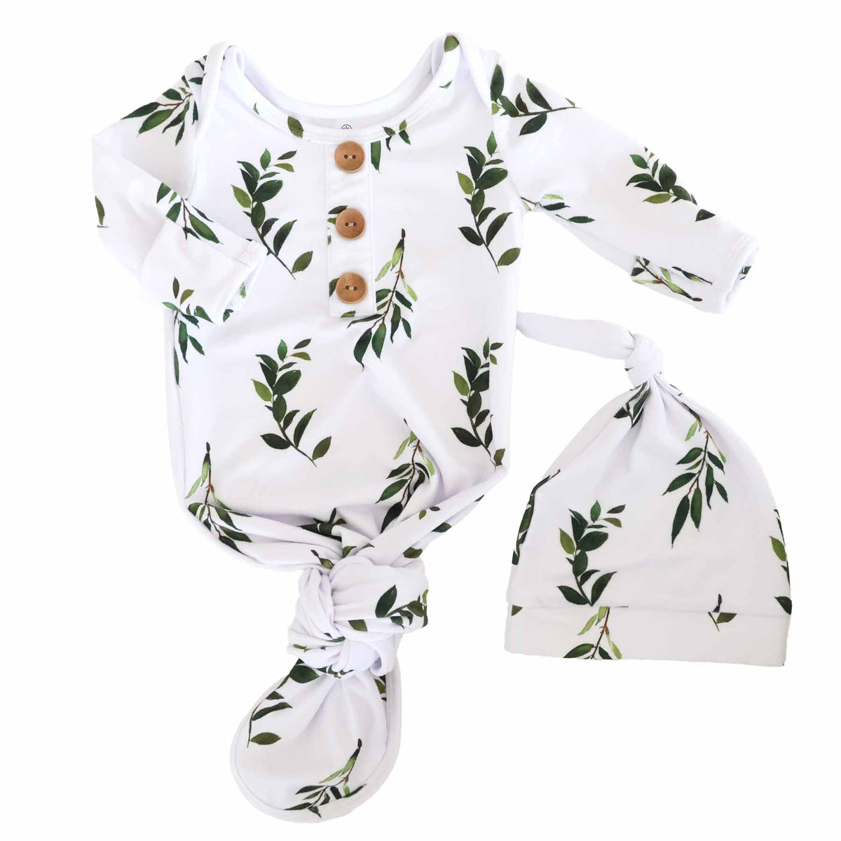 Olive Leaf Newborn Baby Knot Gown & Hat Set