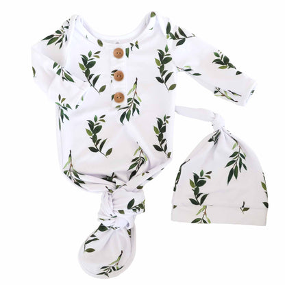 Olive Leaf Newborn Baby Knot Gown & Hat Set