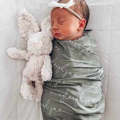 Personalized Olive Baby Name Swaddle Blanket - Script